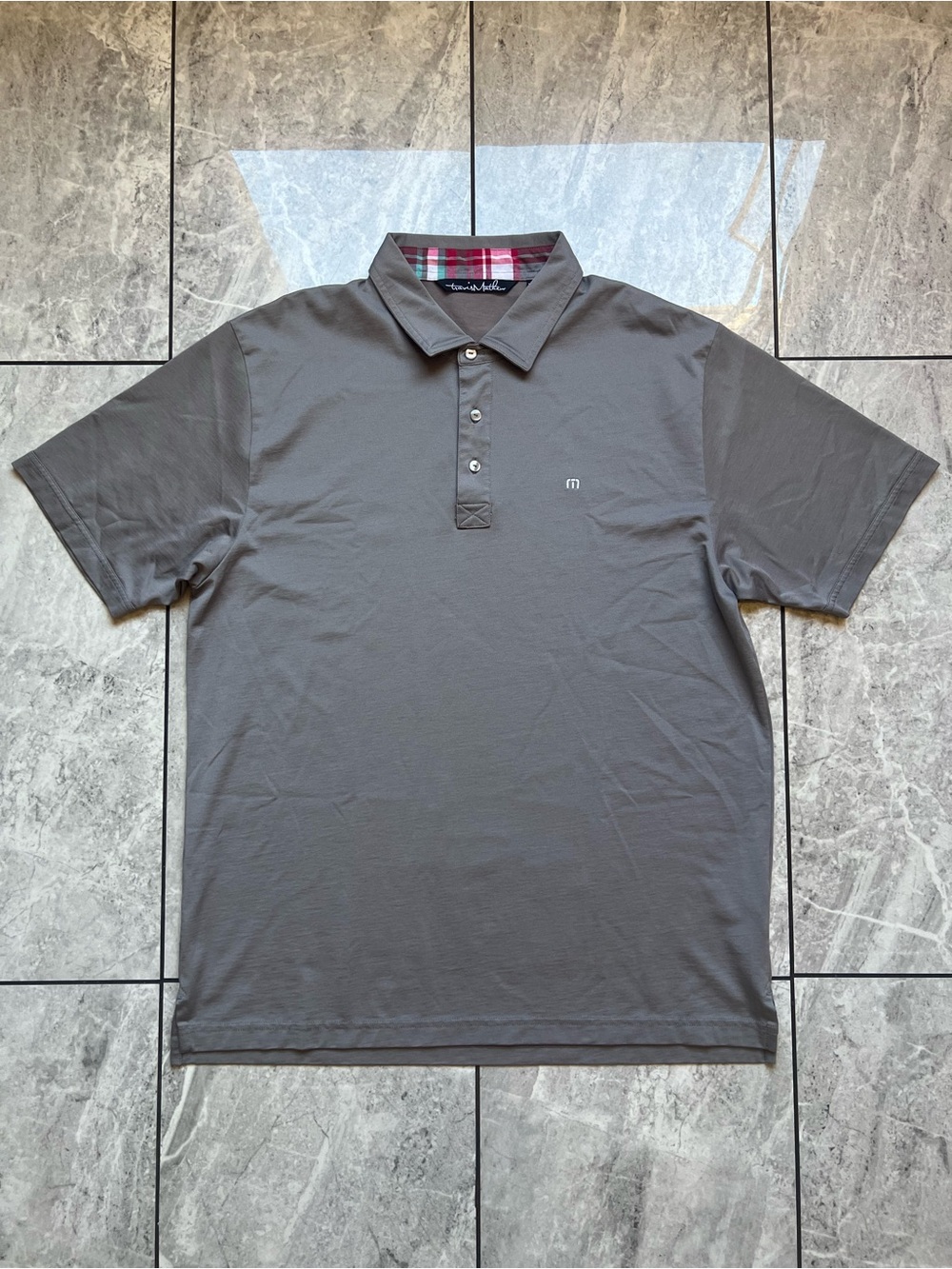 TravisMathew Men's Golf Polo Shirt Grey Plaid Collar S/S Embroidered Logo Sz XL